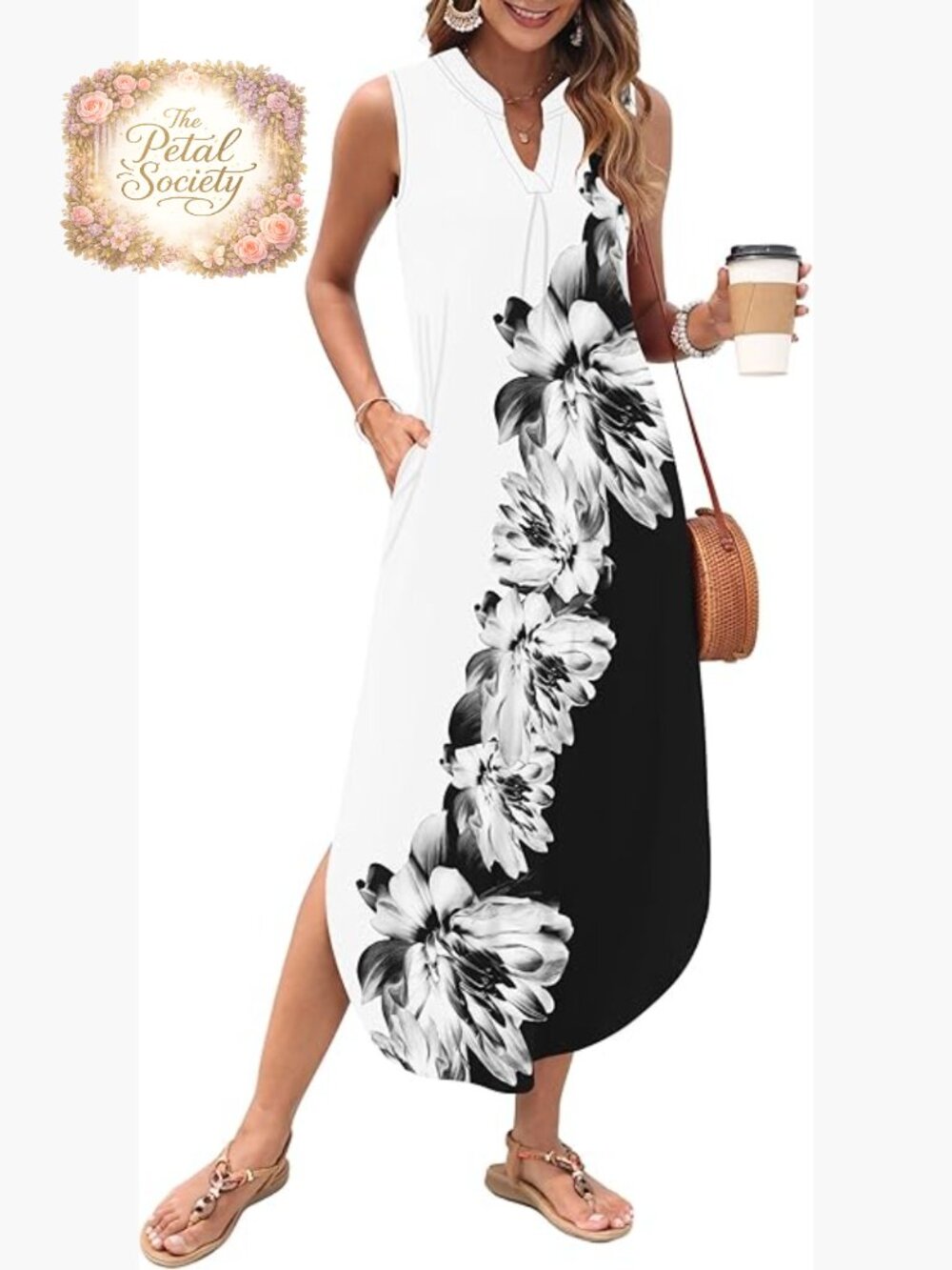 Sleeveless Maxi Dress with V-Neck, Side Split, and Pockets - Summer Casual